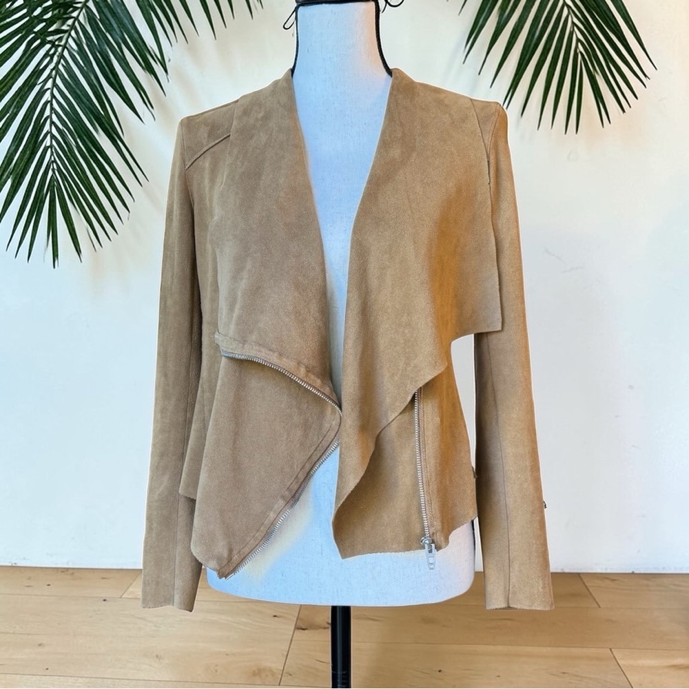 BLANKNYC Faux Suede Drape Moto Jacket Tan Brown Asymmetrical Zip Size S